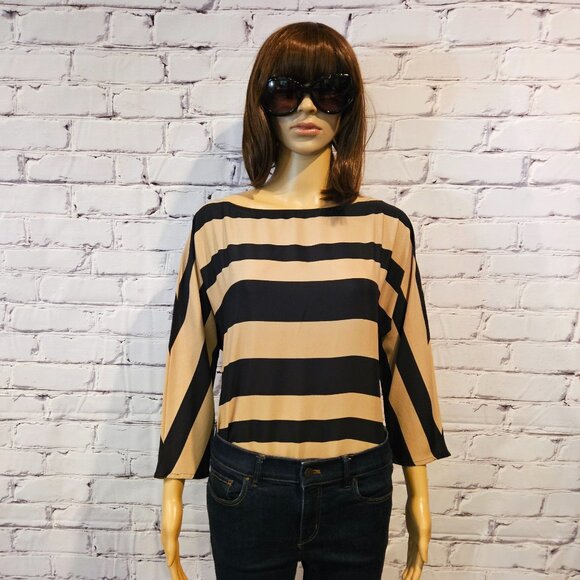 THE LOFT - striped tan/black lightweight 3/4 sleeve blouse - Picture 5 of 10